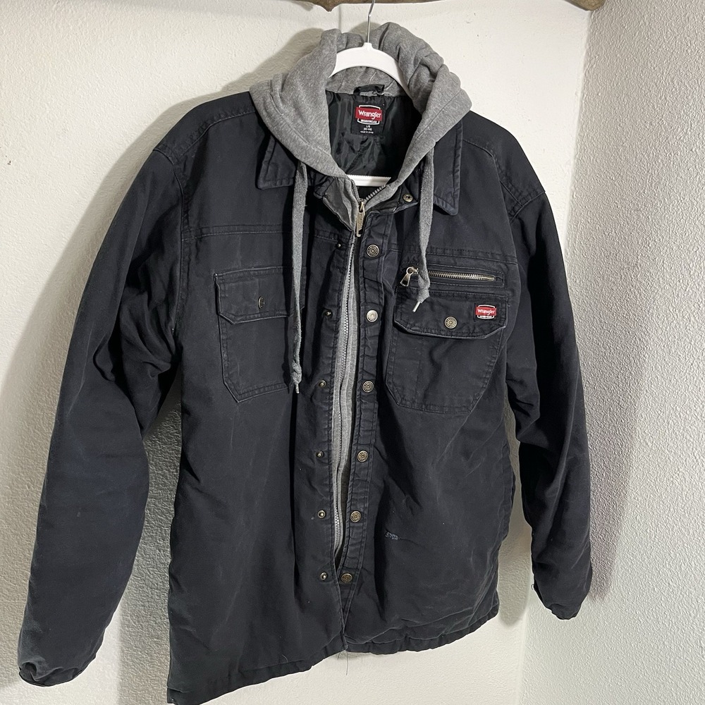 Wrangler Canvas Hoodie Workwear Jacket Mens L Quilted Lined Black Grunge Flaws*
